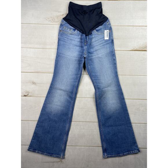 Old Navy Flare Maternity Jeans Sz 2 Short Medium Distressed Wash Full Panel NWT - Picture 1 of 11